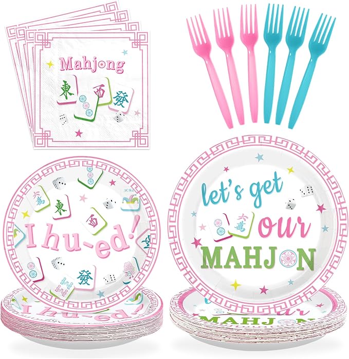 96Pcs Mahjong Party Supplies Mahjong Chinese Game Plates and Napkins Pastel Pink Green Tableware Set for Special Events Mah-Jong Game Night Girls Bachelorette Bridal Shower Birthday Supplies Serves 24