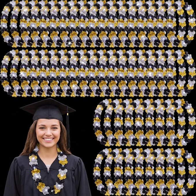 Sherr 48 Pcs Graduation LED Hawaiian Leis Class of 2026 Light Up Flower Leis Necklace with LED Lights Black Gold Silver Luau Flowers Necklaces for Graduation Party Decoration Supplies