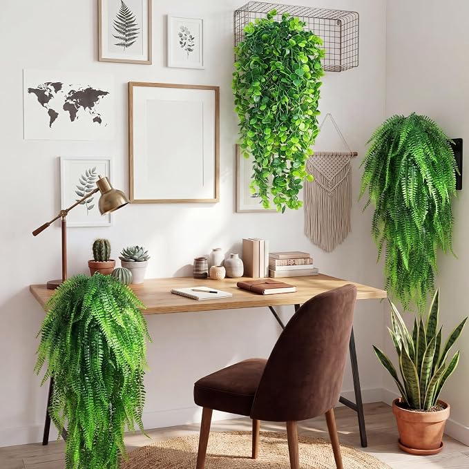 Daifunli 24 Pcs Artificial Hanging Plants Fake Hanging Ferns Plastic Fake Plant for Wall Room Garden Garland Indoor Outdoor Decor No Basket (Boston,Eucalyptus)