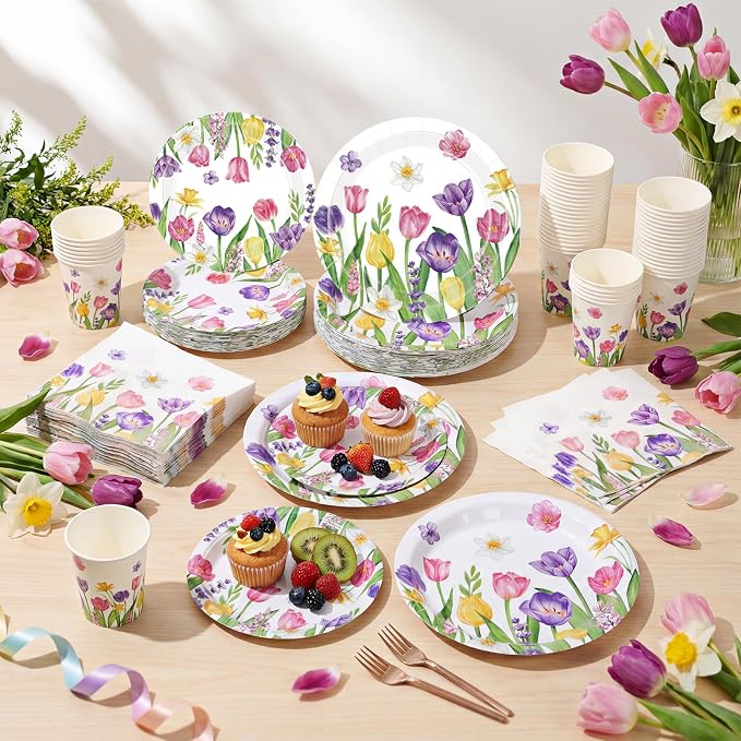 Funnymoom 250 Pcs Tulip Floral Paper Plates and Napkins Spring Party Supplies Flower Disposable Tableware Set for Tulip Easter Spring Wedding Bridal Baby Shower Birthday Tea Party Decoration
