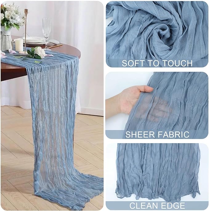 Dusty Blue Cheesecloth Table Runner 21x120 Inch Gauze Table Runners Reusable Polyester 10ft Boho Rustic Cheese Cloth Table Runner for Wedding Party Baby Shower Birthday