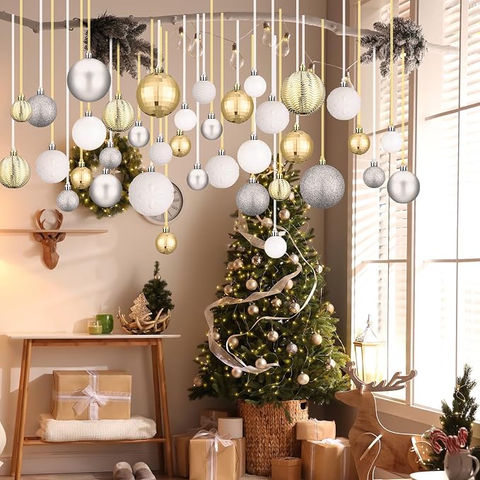 36 Pcs Christmas Balls Ornaments for Ceiling, 1.6'' 2.4'' 3.2'' Large Big Shatterproof Christmas Hanging Decorations Balls for Tree Xmas Holiday Party Indoor(Silver, White, Champagne)
