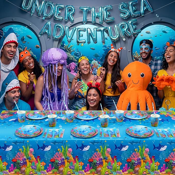LemonRoad 452 Pcs Under the Sea Birthday Decorations for Ocean 50 Paper Plates Napkins Cups Tablecloth Cutlery Straws Disposable Tableware for Sea Animal Underwater Baby Shower Birthday Party Supplies