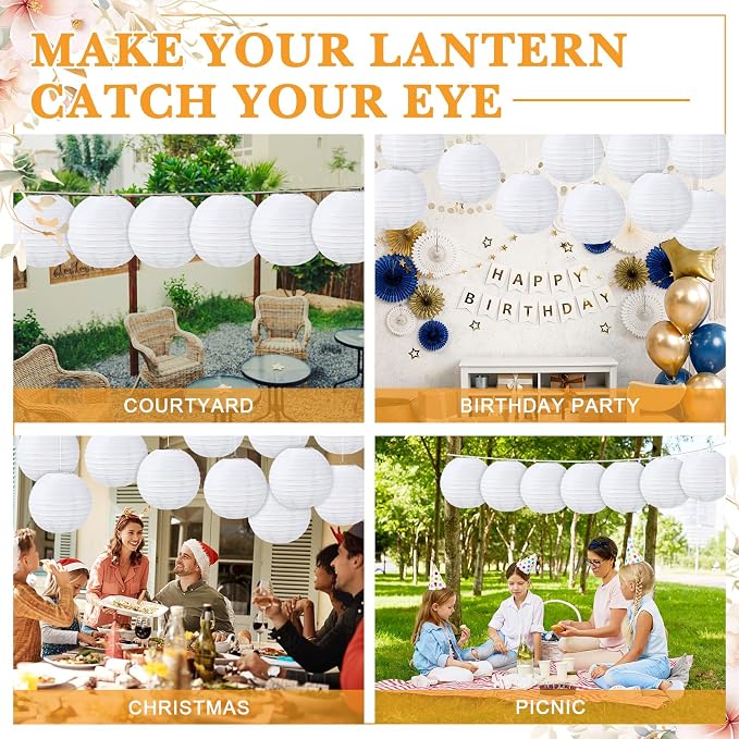 Treela 48 Pack White Chinese Japanese Paper Lanterns Decorative Hanging Round Paper Lantern Lamps for Wedding Birthday Party Decorations (10 Inch)