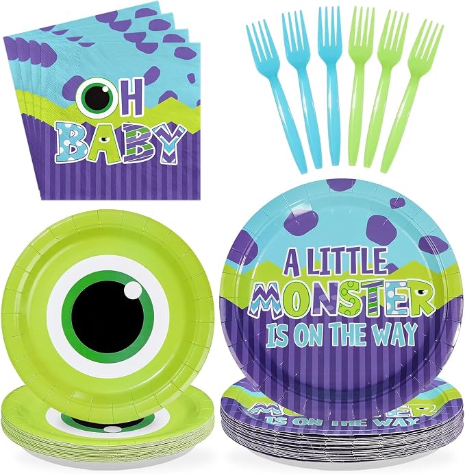 96Pcs Monster Baby Shower Party Supplies Monster Theme Party Plates and Napkins Disposable Green and Purple Cartoon Tableware Set for Kids Birthday Baby Shower Decorations Serves 24