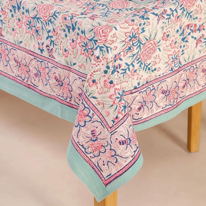 Hand Block Printed Tablecloth, Colorful Floral Print, Indian Artisan Handmade Art, Dining Room, Kitchen, Outdoor Décor, (Salmon Pink, 6 Seater 60 x 90 Inches Rectangle)