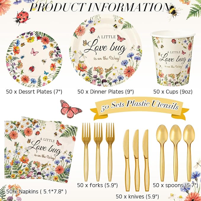 Ziliny 350 Pcs Love Bug Baby Shower Decoration Wildflower Baby Shower Paper Plates Napkins Tableware for Gender Reveal Newborn Party Serves 50 Guests