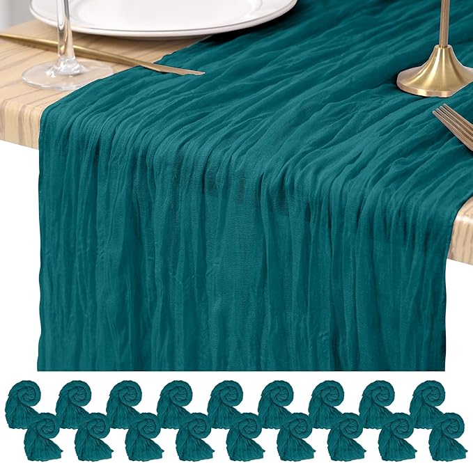 Teal Cheesecloth Table Runner 18 Pack 10FT - Boho Gauze Sheer Rustic Crinkled Table Runners for Wedding Party Baby Shower Bridal Decor