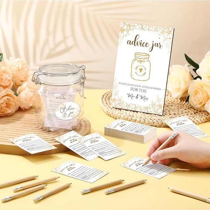 Jetec 74 Pcs Advice and Wishes for the Mr and Mrs 60 Pcs Wedding Advice Cards Advice and Wishes Jar Box Bridal Shower Advice and Wishes Cards for Bride and Groom Bridal Shower Decor(Gold Flower)