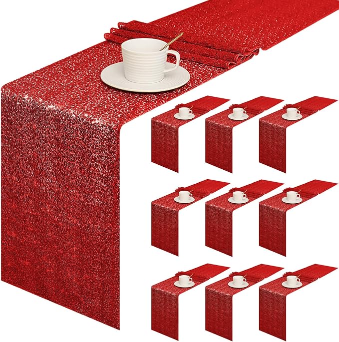 Sugargirl 10 Packs 12 x 72 inches Sequin Table Runner, Glitter Red Table Runner for Birthday Party Supplies Wedding Holiday Celebration Event Decorations
