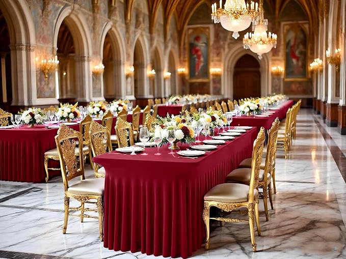 fani 2 Packs Burgundy Stretch Table Skirts for 6 Foot Rectangle Table, Washable Spandex Stretch Tablecloths with Skirt, Wrinkle Resistant Fitted Tablecover for Wedding Party Banquet