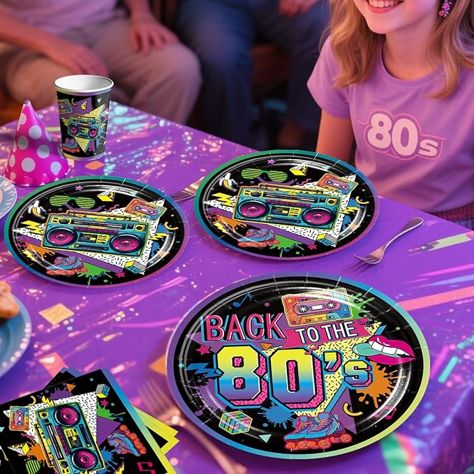 277pcs 80s Party Decorations Serves 25, All-in-one Set with Back To The 80's Backdrop Tableware Balloon Arch Tablecloth Balloon Box Cupcake Topper Table Decor, Etc. for 80s Party Decorations