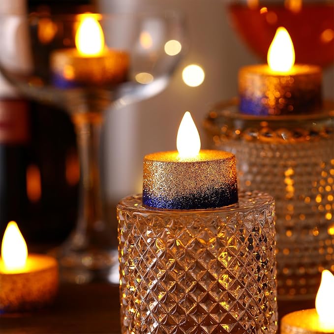 Retisee 48Pcs Flameless LED Tea Lights Glitter Electric Fake Candles for Centerpieces Battery Operated Anniversary Romantic Winter Decor for Wedding Christmas Birthday(Gold,Blue,1.65 Inch)