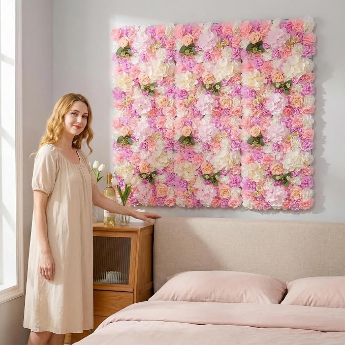 3D Flower Wall Backdrop 6 Pack, 24x16 Inch Pink & Purple Artificial Rose Panels for Wedding, Party, Photo Studio, Home & Fence Decor