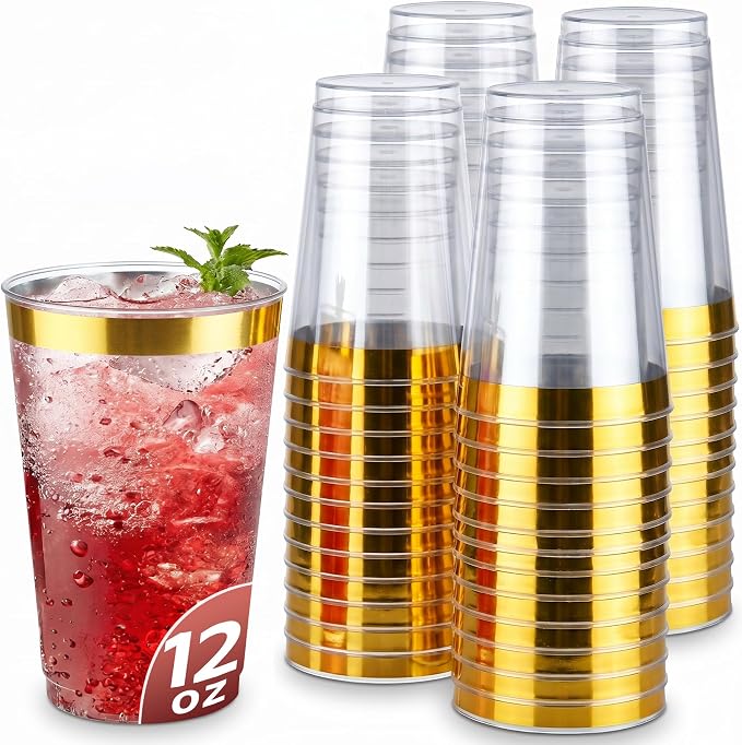 Byvivace 12OZ Plastic Cups with Gold Rimmed Sturdy & Food Safe Disposable Wine Glasses Weeding Party Cups Disposable Drinking Cups Plastic Cocktail Glasses for Wine, Juice & Cold Beverages [200 Pack]