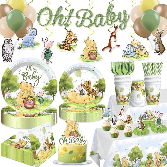 Xynic 193pcs Classic Bear Baby Shower Decorations Complete Party Set for 25 Guests, Classic Pooh Disposable Plates, Napkins, Banner, Tablecloths, for Vintage Bear Baby Shower Decorations for Girl Boy