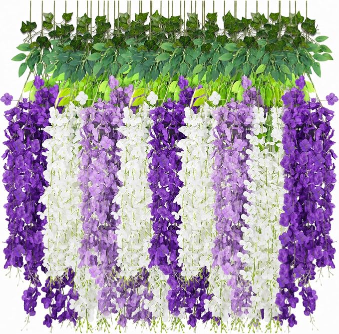 LELEE 25 Pcs Artificial Wisteria Hanging Flowers 3.6ft Purple&Lavender&White Fake Hanging Flowers Garland Silk Flowers Rattan String Faux Wisteria Vine for Wall Wedding Party Arch Greenery Backdrop