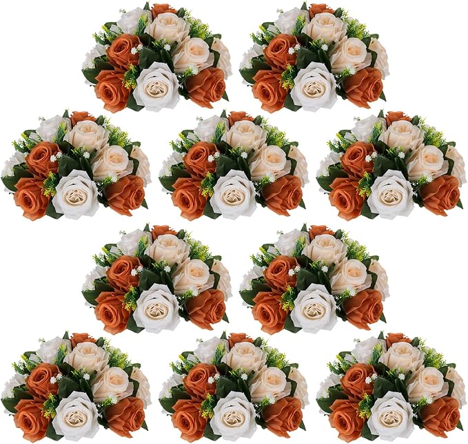 NUPTIO Terracotta Flower Ball Centerpieces: 10 Pcs Artificial Rose Kissing Balls for Wedding Party Tables - Faux Silk Floral Arrangements for Fall Home Thanksgiving Event Dining Decorations