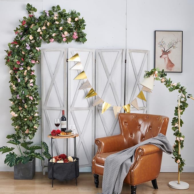 PONKING Flower Garland Artificial Rose Vine Flowers Hanging Fake Roses Vines for Wedding Birthday Party Valentines Christmas Room Wall Arch Decor, 2 Purple Floral Garland Decorations