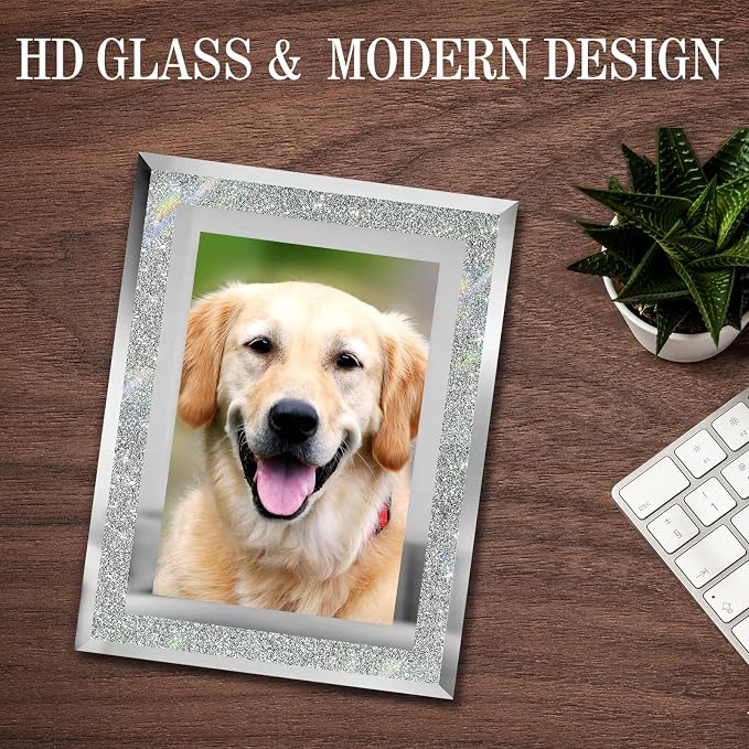HIKWADERY 4x6 Picture Frames Silver - Set of 2, Sparkle Real Glass 4 by 6 Photo Frame Mirrored Edge Great Gift, for Tabletop Display, Wedding Birthday Mothers Day Gifts (4 x 6, Glitter Silver)