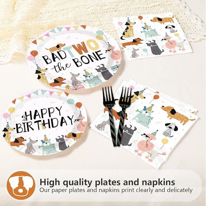 96Pcs Bad Two the Bone Party Supplies 2nd Dog Birthday Plates and Napkins Cute Cartoon Dog Theme Tableware Set for 2 Year Old Puppy Themed Birthday Party Supplies，Serves 24