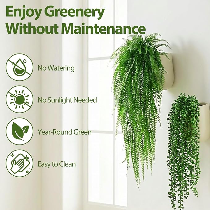 Daifunli 12 Pcs Artificial Hanging Plants Fake Hanging Ferns Plastic Fake Plant for Wall Room Garden Garland Indoor Outdoor Decor No Basket (Boston Ferns,String of Pearls)