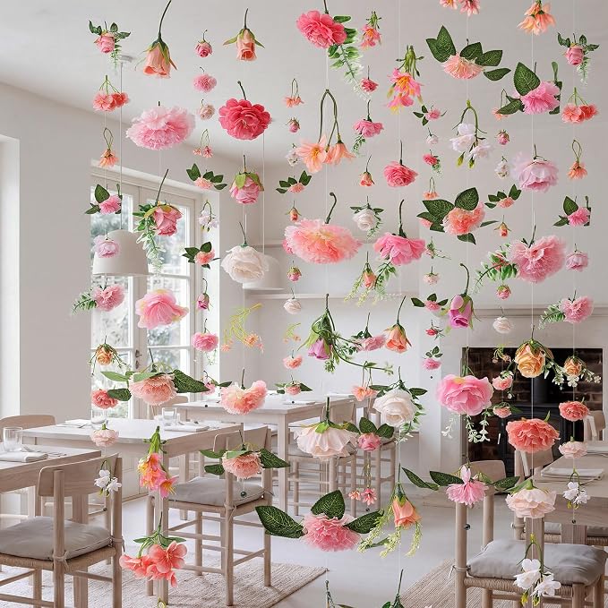 Suncalla 12 Pcs 70.8 ft Wildflower Garland Pre Strung Artificial Hanging Flower Vine Backdrop Decor from Ceiling Floating Silk Floral Garland for Garden Wedding Bridal Shower(Bright,Pink)