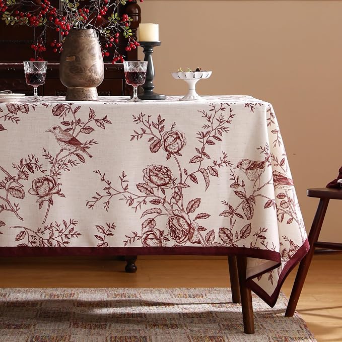 ISAENNE Designer French Linen Rectangular Tablecloth,110"x63"-Harmony | Vintage Elegant Long Table Cloth Rectangle Table,Red Floral and Bird Pattern,Decor,Dining,Kitchen,Tea Party,Thanksgiving