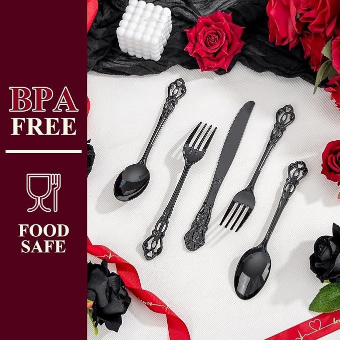150PCS Black Plastic Silverware - Heavy Duty Disposable Cutlery Sets - Fancy Plastic Utensils Flatware Include 50 Forks, 50 Spoons, 50 Knives for Catering Dinners Wedding Party