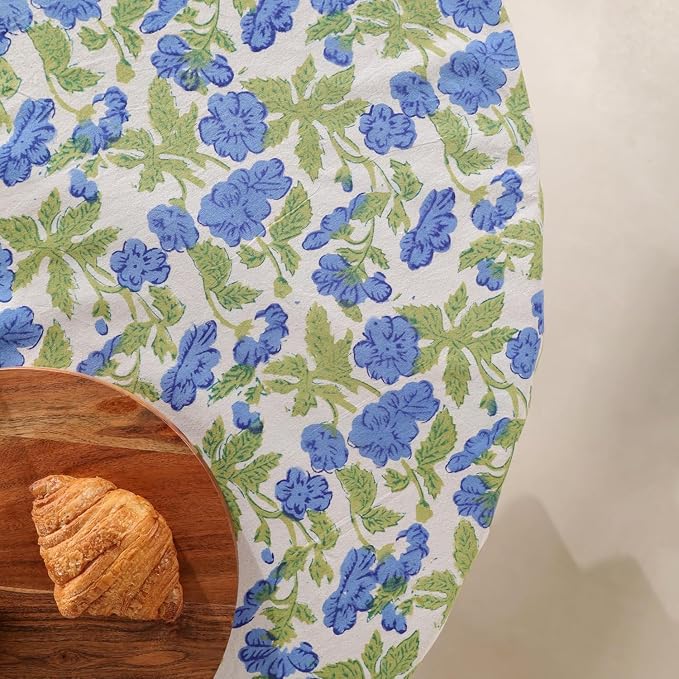 Hand Block Printed Tablecloth – Colorful Floral Print | 100% Cotton | Indian Artisan Handmade Art | Dining Room, Kitchen, Outdoor Décor, (Dusky Leaf Whisper, 6 Seater 72 Inches Round)