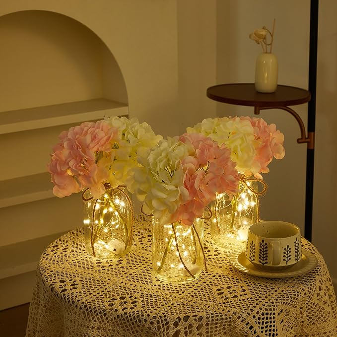 4 Sets Mason Jar with Lights Pink and White Hydrangea Decorative Pink White Centerpieces for Tables Mason Jars Flowers Decorations LED Farmhouse Vase for Home Wedding Event Party Decor