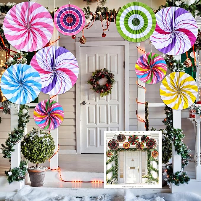 Outus Hanging Paper Fans Decorations Candy Party Classroom Decoration Colorful Peppermint Candy Paper Fan Ceiling Wall Garland for Candyland Themed Birthday Party Supplies(9 Pcs,Classic)