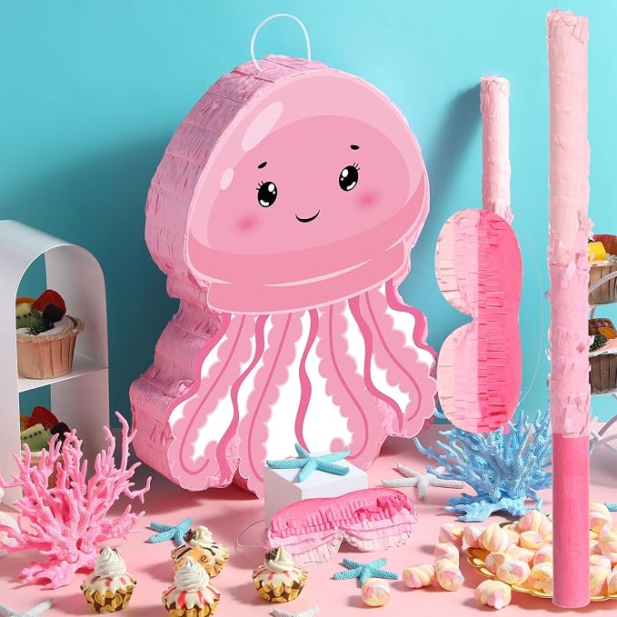 Blosssound Jellyfish Piñata Under the Sea Party Decorations Supplies Cute Pink Piñata Set with Stick Blindfold for Ocean Mermaid Theme Birthday Baby Shower Wedding Celebration Decorations(Jellyfish)
