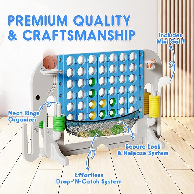 Giant 4 in a Row Connect Game, Adjustable Height (2.6FT-4.3FT) Jumbo 4-to-Score Yard Game Set with Basketball, Golf & Ring Toss, Elephant Design Outdoor Indoor Family Yard Party Game for Kids & Adults