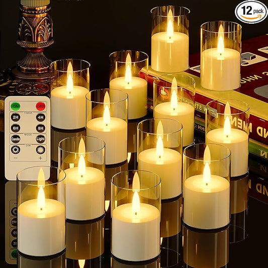 VIODAIM 12Pack Flickering Flameless LED Candles with Remote & Timer, Battery Powered - Small Pillar & Votive, Clear (2"X3")