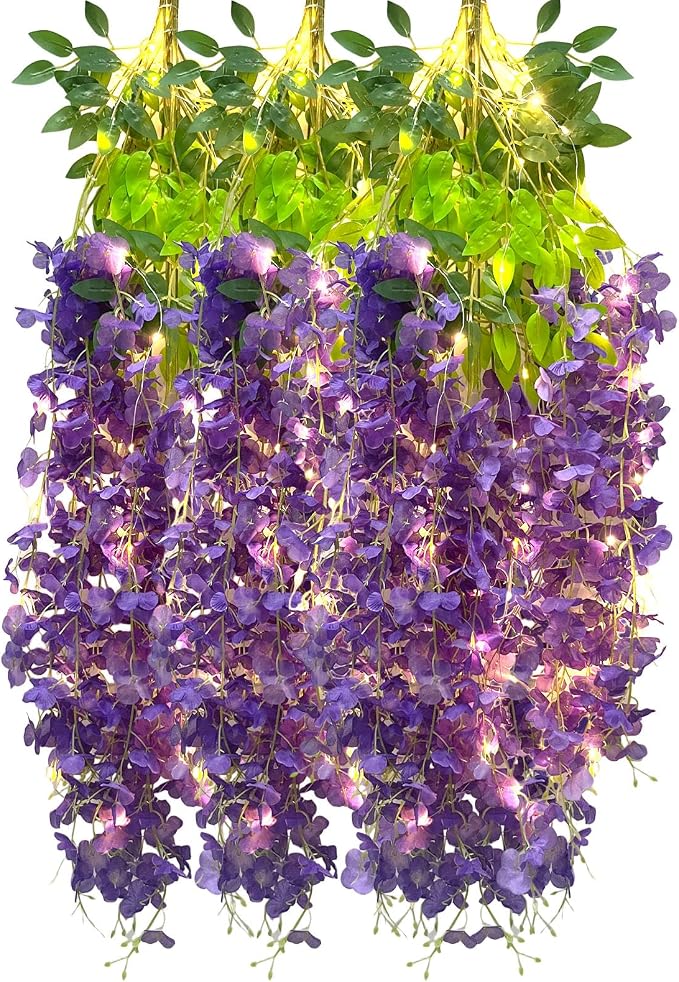 12 Pack Purple Wisteria Hanging Flowers Garland with Lights, 3.44 Feet Artificial Flower Vines, Fake Wisteria, Artificial Vines Hanging Garland for Backdrop Outdoor Patio Garden Decor