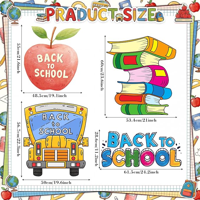 Honoson 4 Pcs Large 32" Back to School Cardboard Cutouts Standup, First Day of School Party Decorations Backdrop Bus Notebook Yard Sign Photo Booth Props for Classroom Party Supplies
