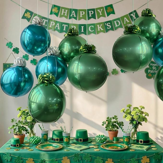 6 Pack Teal Blue & Grass Green 4D Metallic Orb Ornament Balloons with 12 Pull Gift Ribbon Bows – Ceiling Hanging Balloon Set for Jungle Party, Safari Birthday, Summer Party & Tropical Decorations