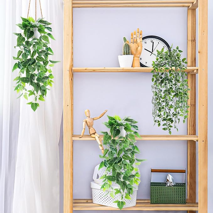 Der Rose 4 Pack Fake Plants Hanging Faux Potted Ivy Vine Artificial Mandala Plants for Room Bathroom Wall Shelf Decor Indoor