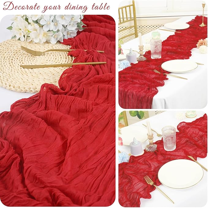 20 Pack Cheesecloth Table Runner 17 x 108 inch Long Boho Gauze Table Runners Semi Sheer Table Runner for Wedding Decor, Baby Shower, Birthday Party, Banquet (Red)