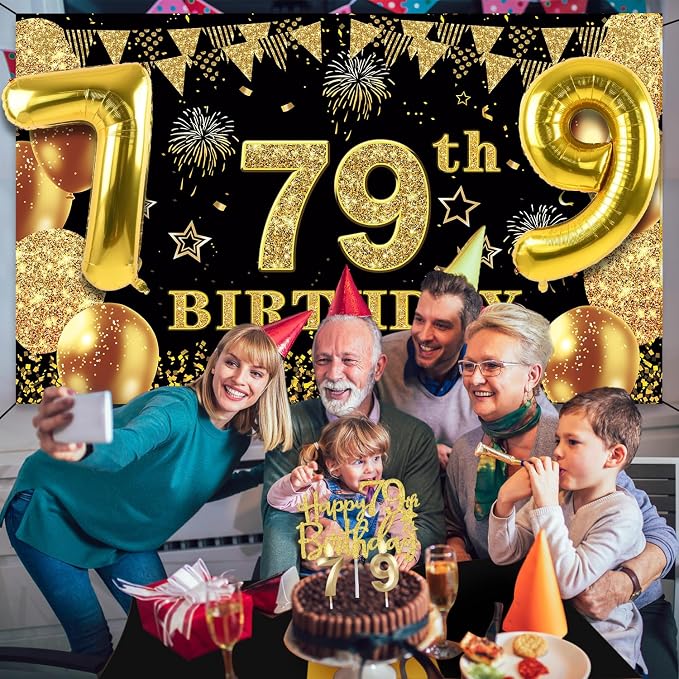 79th Birthday Decorations Men Women with 79th Birthday Banner, Black and Gold Table Cloth, Number Balloons, Sash, Cake Topper and Candles