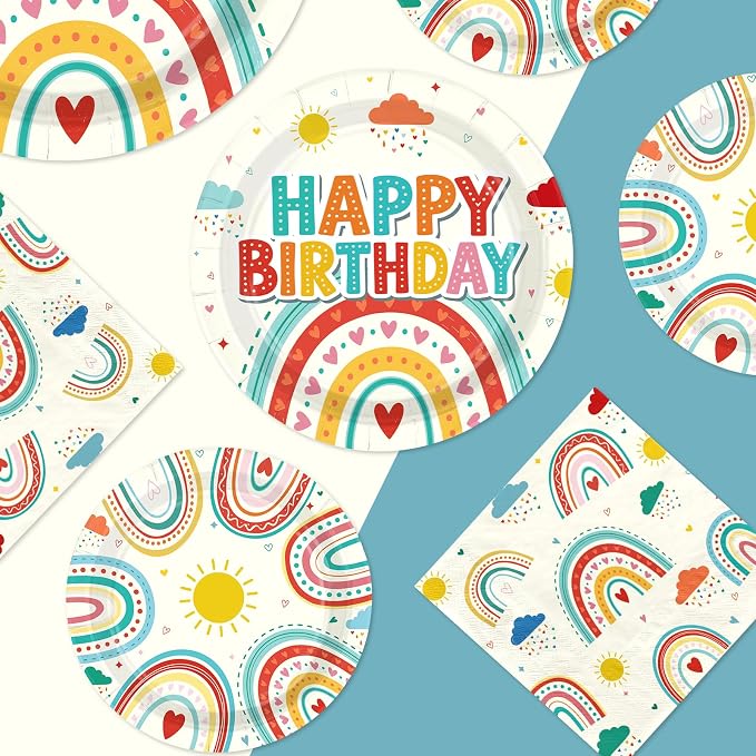 250 Pcs Retro Rainbow Birthday Party Decorations Colorful Rainbow Plates and Napkins Cups Sun Cloud Tableware Set for Boys Girls Baby Shower Boho Themed Birthday Party Supplies Serves 50
