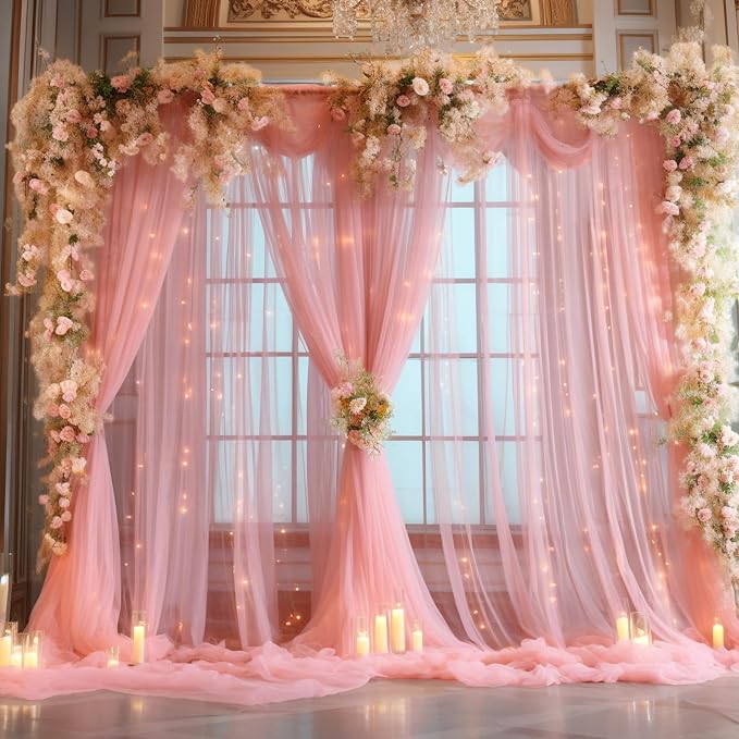 20x8ft Dusty Rose Tulle Backdrop Curtain with Lights String for Parites, Sheer Photo Backdrop Drapes with Lights for Wedding Backdrop Ceremony Reception Bridal Shower Baby Shower Birthday Party