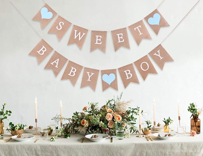 Sweet Baby Boy Burlap Banner - Rustic Baby Shower Decorations, Photo Props (Sweet Baby Boy Blue)
