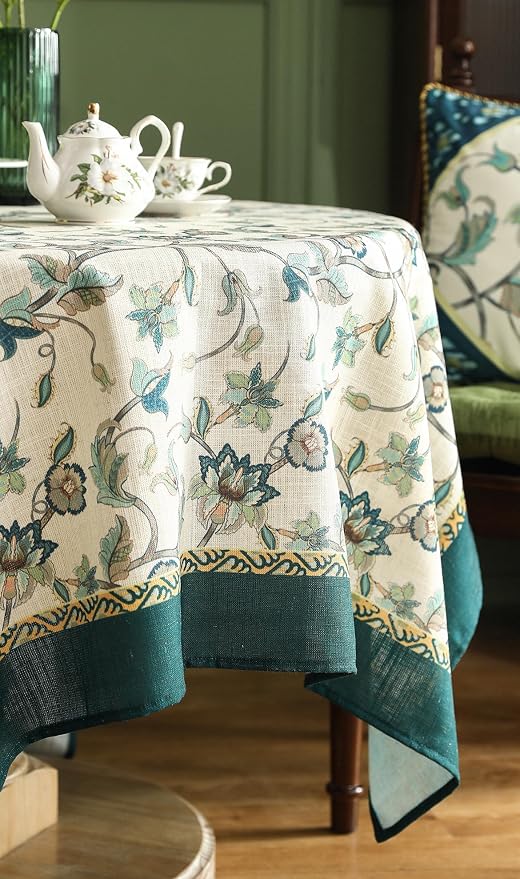 patdrea Vintage French Linen Tablecloth,Round,Diameter 67"-Noah | Heavyweight Floral Table Cloth for Round Table,Botanical Green Pattern,for Dining Room Tea Party Thanksgiving