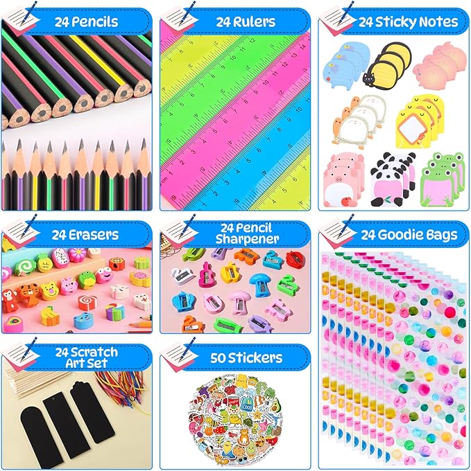 Mepmela Goodie Bags for Birthday Party, 24 Pack Stationery Party Favors with Pencils Rulers Erasers Perfect Classroom Rewards Student Gifts School Class Goody Bag Return Gifts