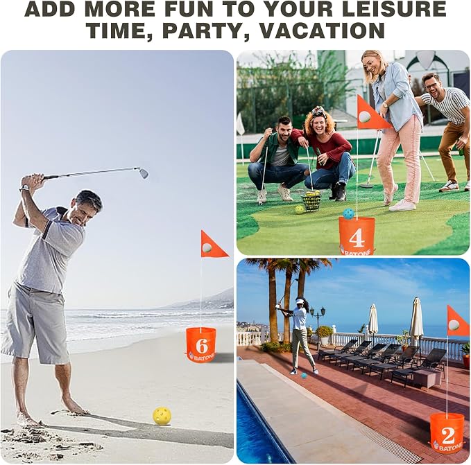 BATONE Golf Bucket Game for Family, Adults and Kids Portable 6 Hole Golf Course with Balls and Flag, Outdoor Indoor Golf Yard Game for Park, Beach, Lawn, Camping