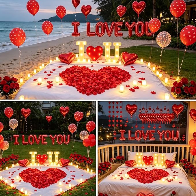 I LOVE YOU Light Up Letter Sign Decor 2 Set Red I LOVE YOU Balloons - 3100pcs Red Artificial Rose Petals 48pcs Flameless LED Candle Tealight Heart Foil Latex balloons Hanging Swirls Valentine's Day