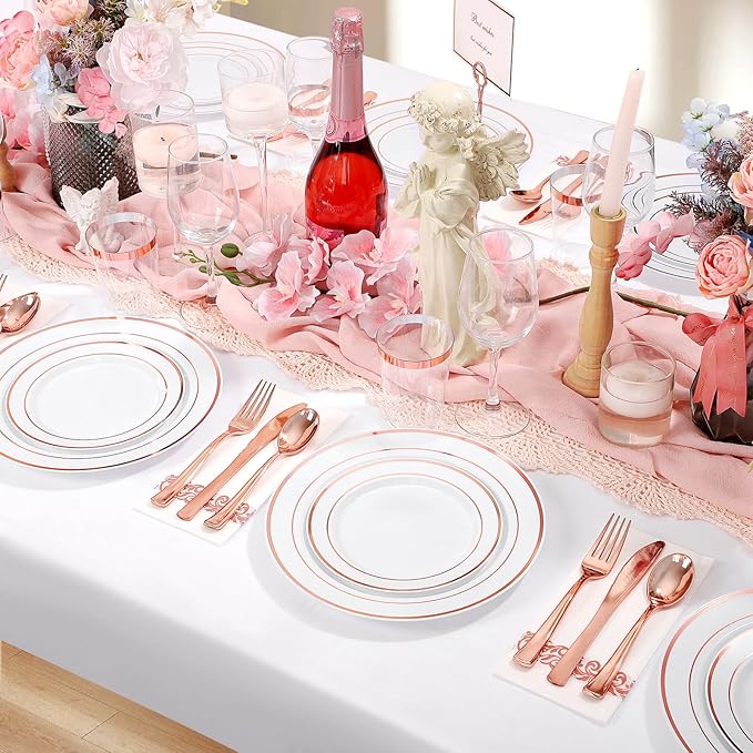 Supernal 200pcs Rose Gold Plastic Dinnerware included Disposable Flatware& Plastic Party Plates Disaposable Cups and Napkins,Perfect for Valentine's Day Mother's Day and Easter