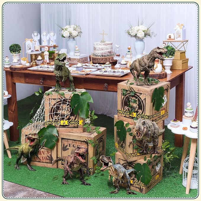 21 Pcs Dinosaur Party Decorations 12 x 12 x 12 Inch Dinosaur Theme Boxes Dino Table Centerpieces Dino Cardboard Palm Leaf Artificial Rattan Net for Birthday Party Supplies Decor